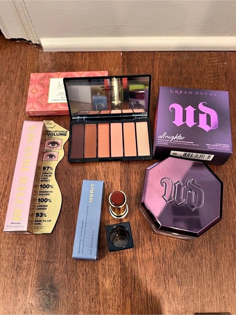 Urban Decay, Merit lippy, Too faced mascara, Laura Geller eye shadow palette